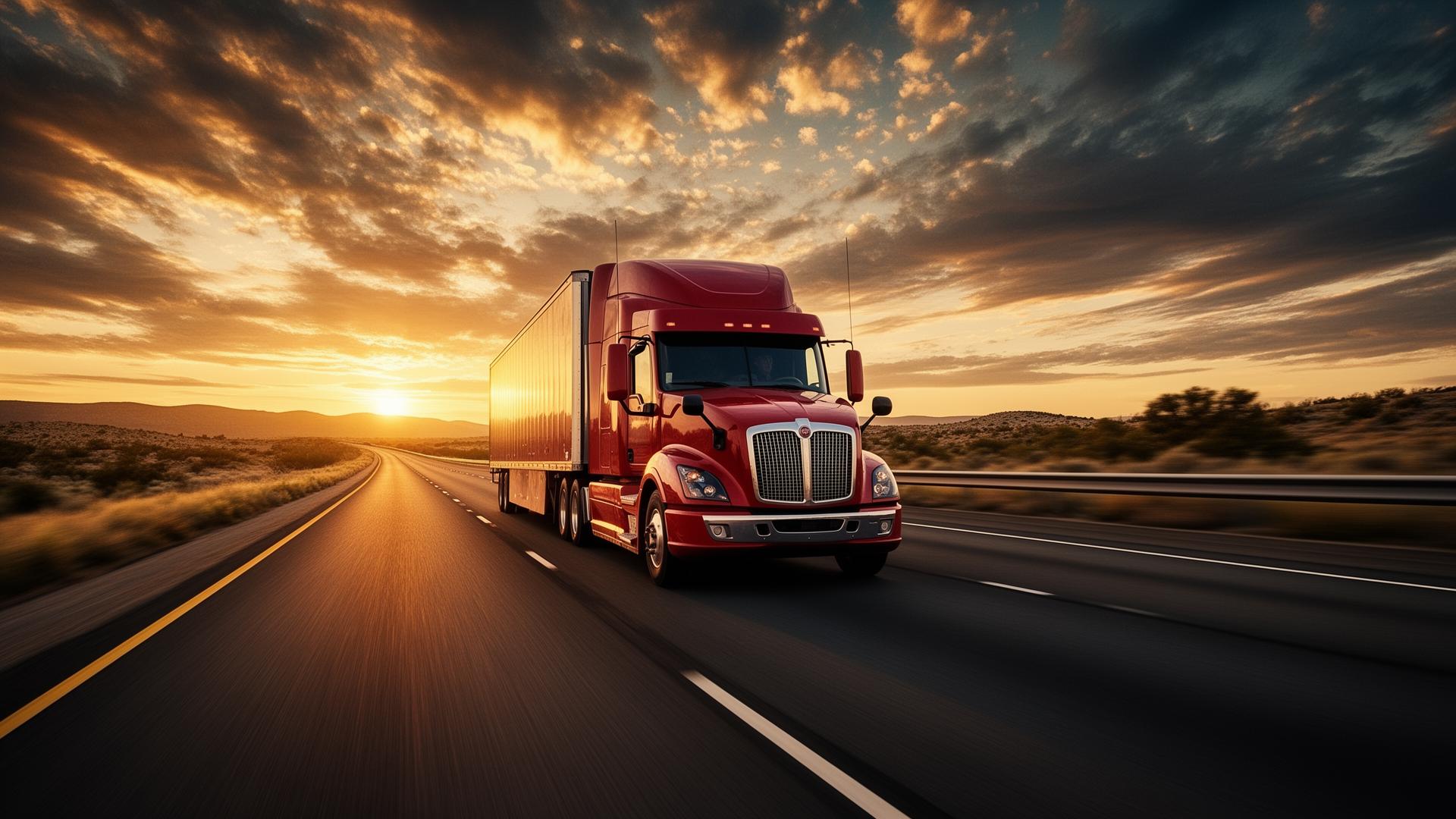 Red semi-truck on the highway at sunset